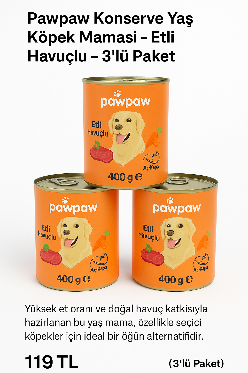Pawpaw Konserve Yaş Köpek Maması – Etli Havuçlu – 3’lü Paket