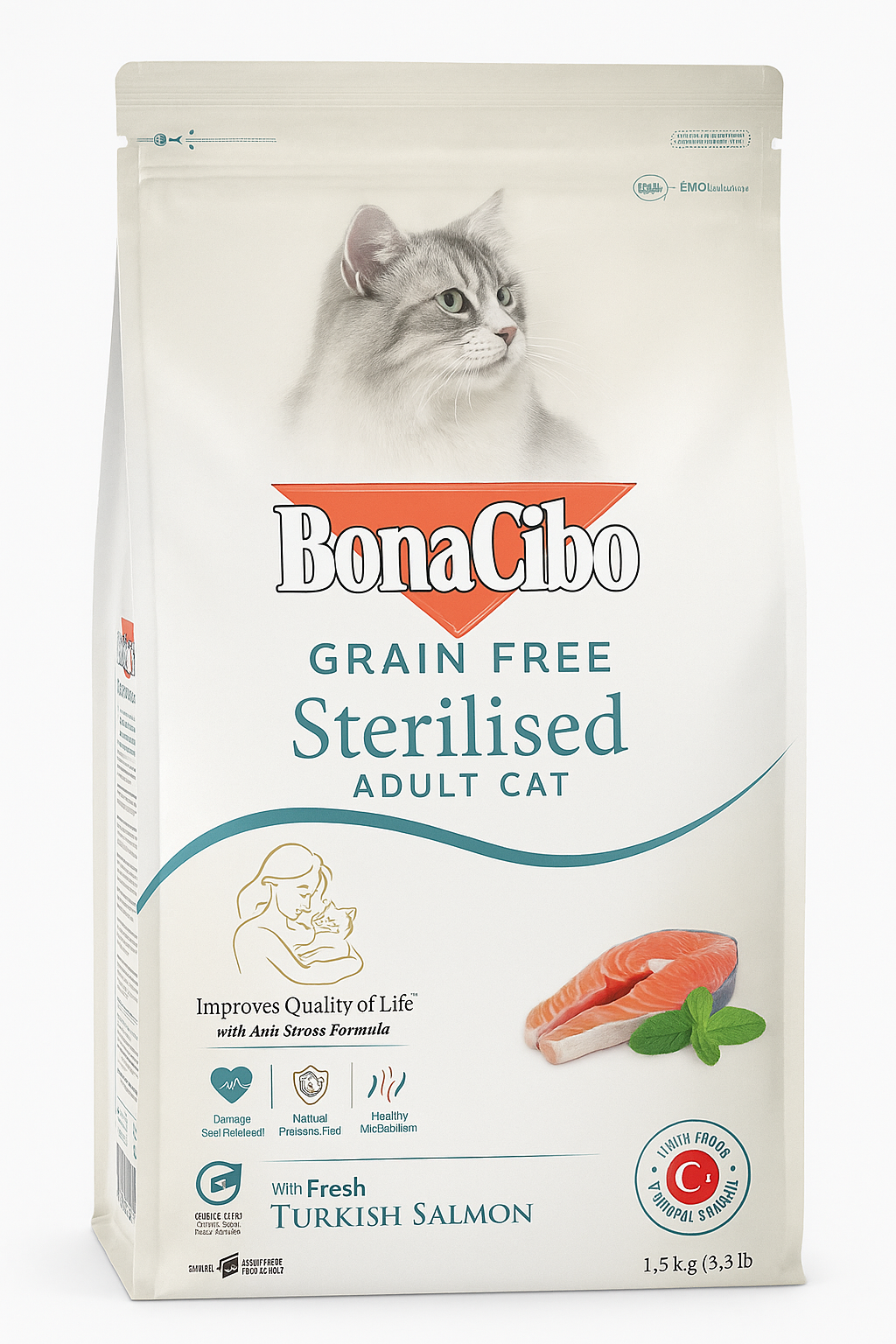 Bonacibo Tahılsız Somonlu Kısırlaştırılmış Kedi Maması – 1,5 kg