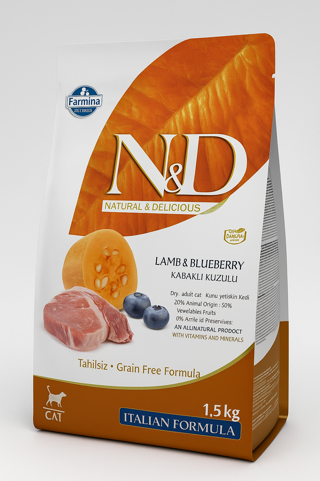 N&D Balkabaklı Kuzulu Kedi Maması – Sindirim Destekli – 1,5 kg